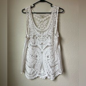Boho White Lace Sheer Tank Top XL Floral Embroidered Festival Cottagecore
